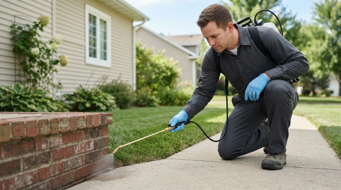 Pest control technician treating a home near Wyndmere, ND